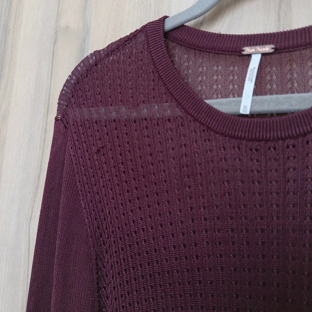 Free People H2O Crew Pullover Sheer Long Sleeve Top XL Burgundy Open Knit Layer